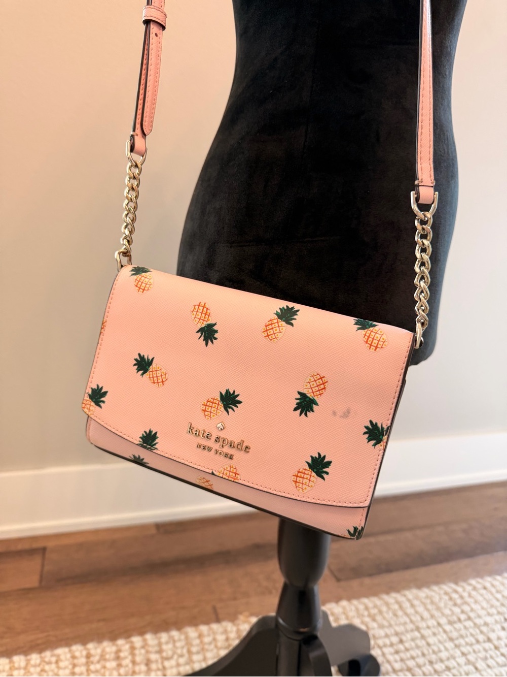 kate spade Pink Pineapple Print Leather Crossbody with Gold Chain